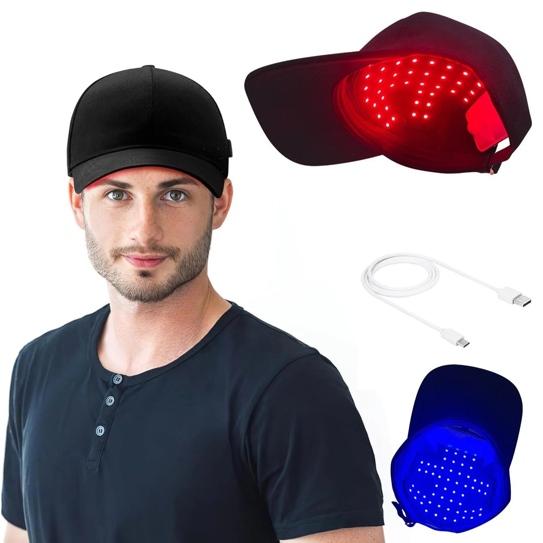 Picture showing a model wearing the red light therapy cap and also two of the caps showing red and blue light...