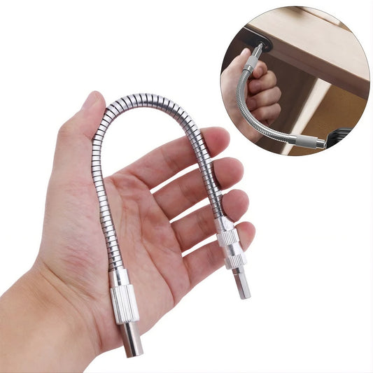 105-degree right-angle drill adapter used with a drill, screwdriver, and furniture screw. A 105-degree angle drive screwdriver bit set against a white background, with three smaller inset photos on the right showing the bit in use with a screwdriver and a drill, plus a hand applying torque to a wood cabinet.