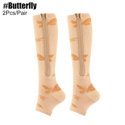 Zipper compression socks, knee-high beige pair with orange butterfly pattern, 2-pack