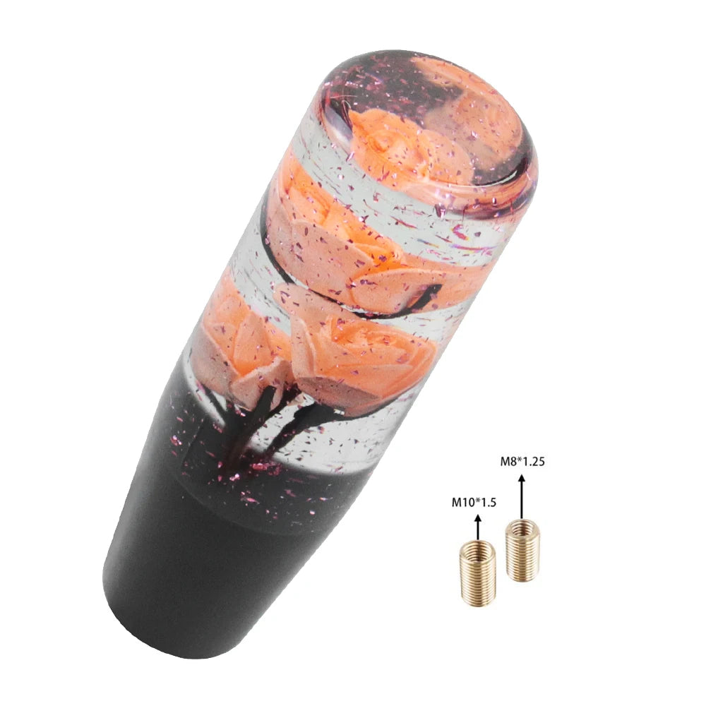 Universal Resin Shift Knob with orange floral resin swirl and black-white base; includes M8 and M10 adapters.