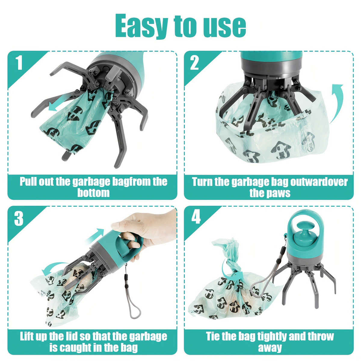 Portable dog poop scooper in teal with an attached waste bag holder and bags, ViralGalleria.com