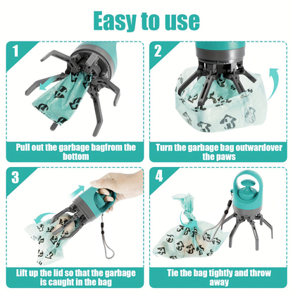 Portable dog poop scooper in teal with an attached waste bag holder and bags, ViralGalleria.com