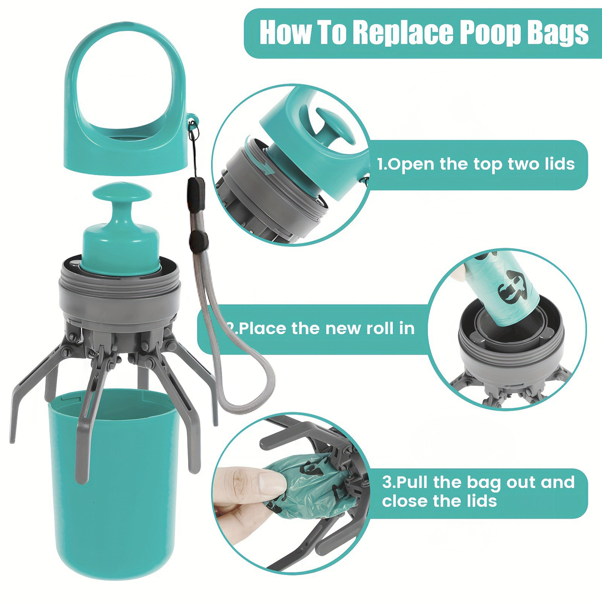 Portable teal dog poop scooper with built-in bag dispenser for easy cleanup.