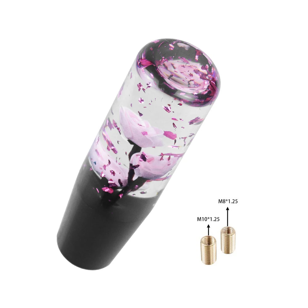 Universal Resin Shift Knob with pink floral design in clear resin and black base; includes two adapters, ViralGalleria.com.