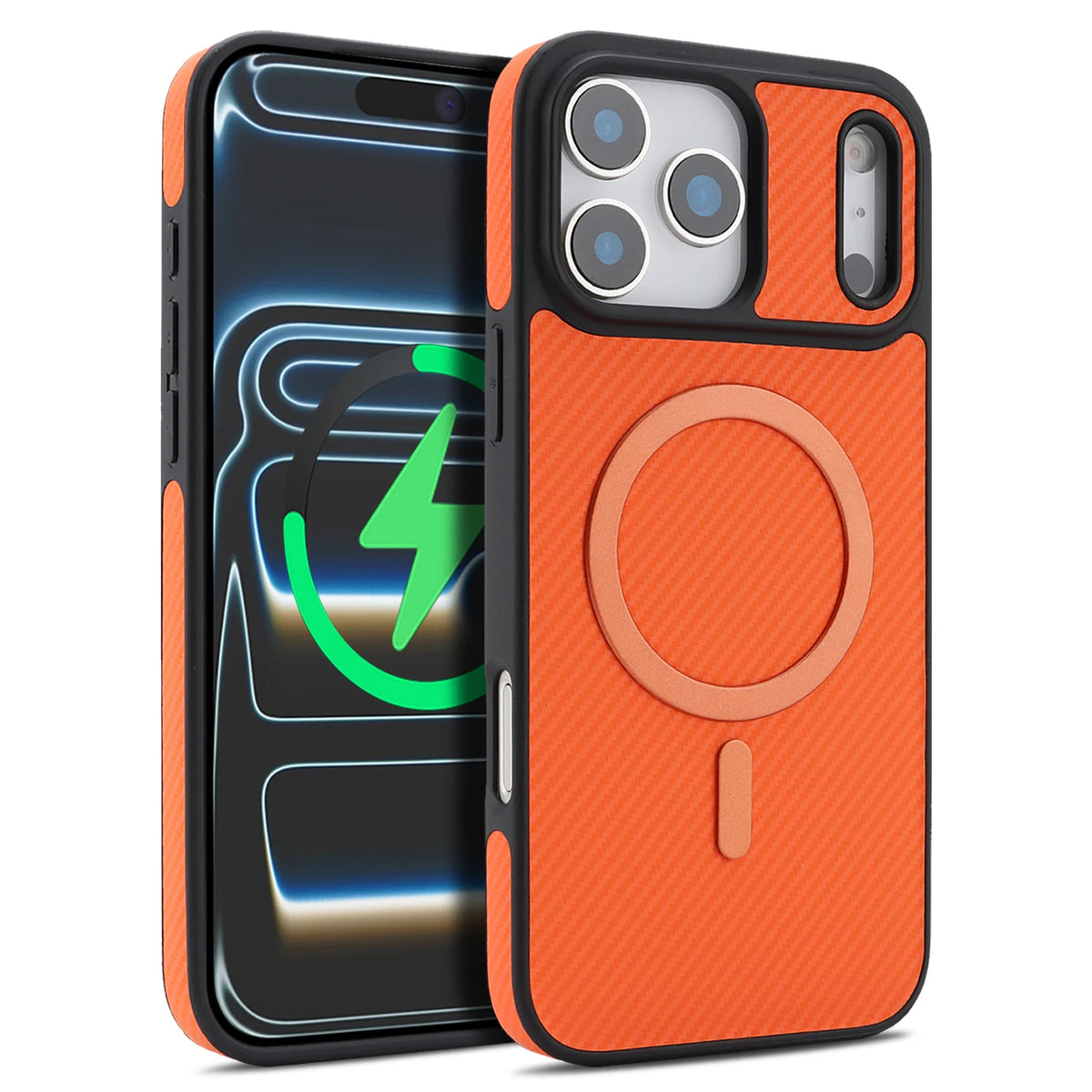 Carbon Fiber iPhone case in orange with built-in ring stand.
