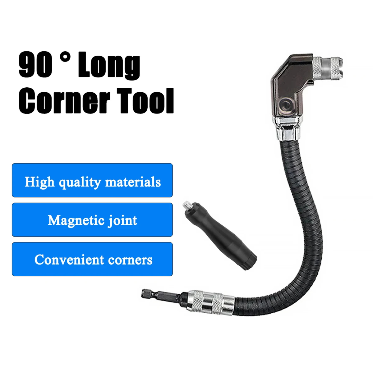 12-inch flexible drill attachment with compact 90-degree head. 90-degree long corner tool with flexible shaft on a white background