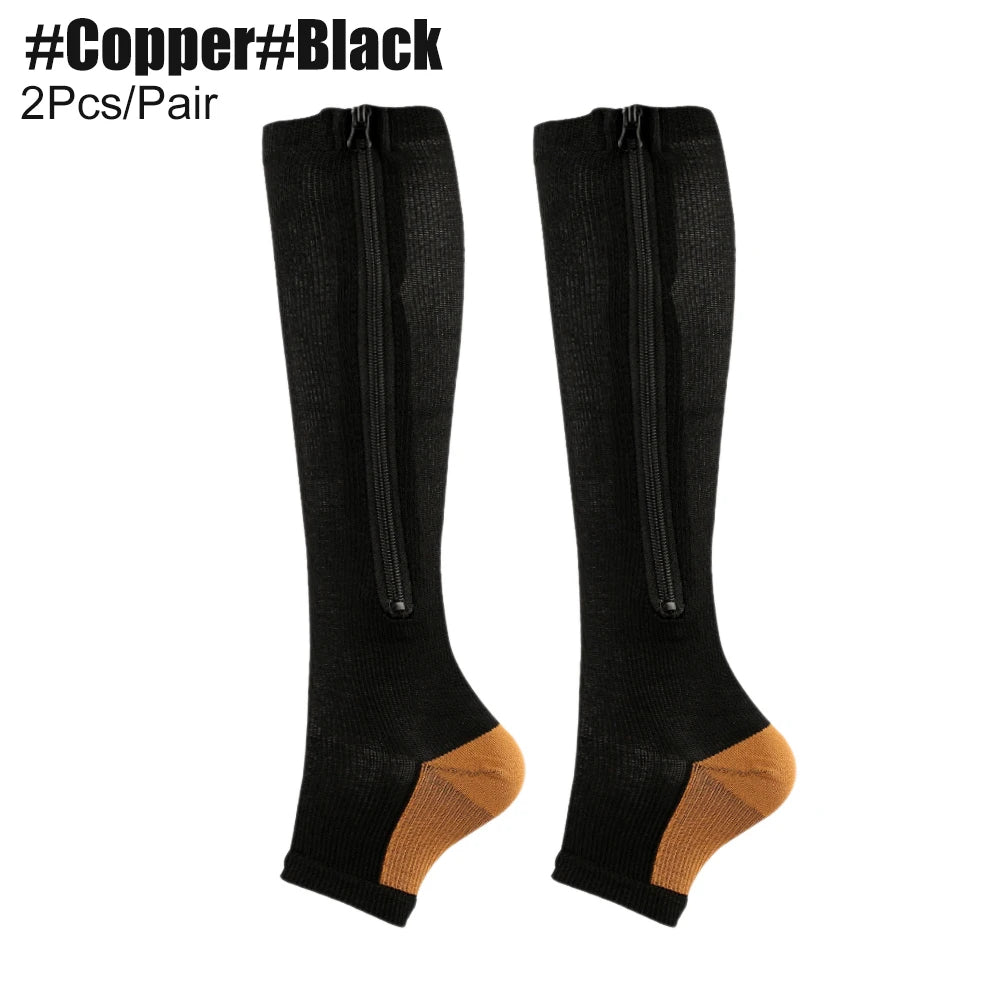 Zipper compression socks, black knee-high with copper toe accents, 2-pack.