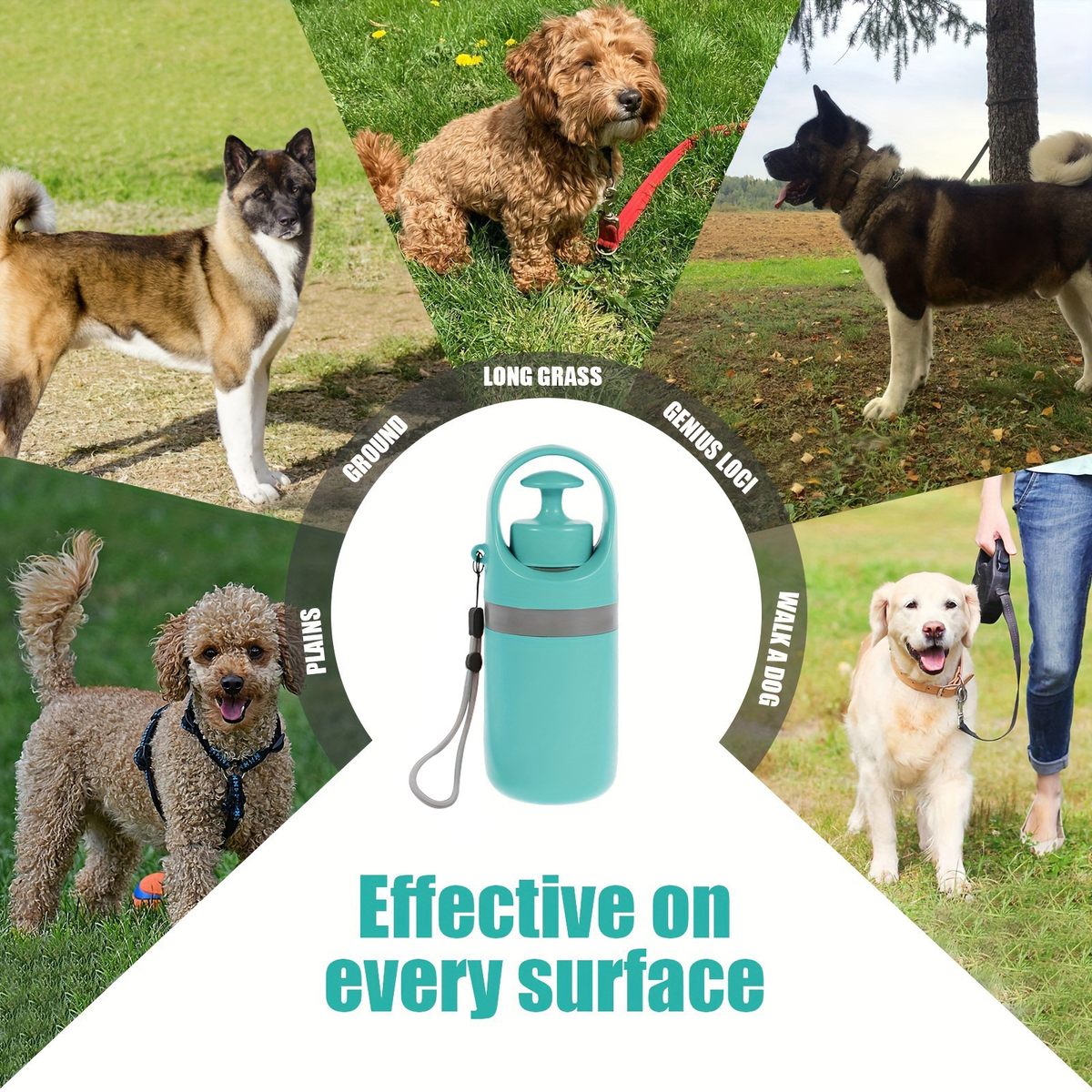 Portable dog poop scooper in teal plastic, shown with multiple dogs on grass collage.
