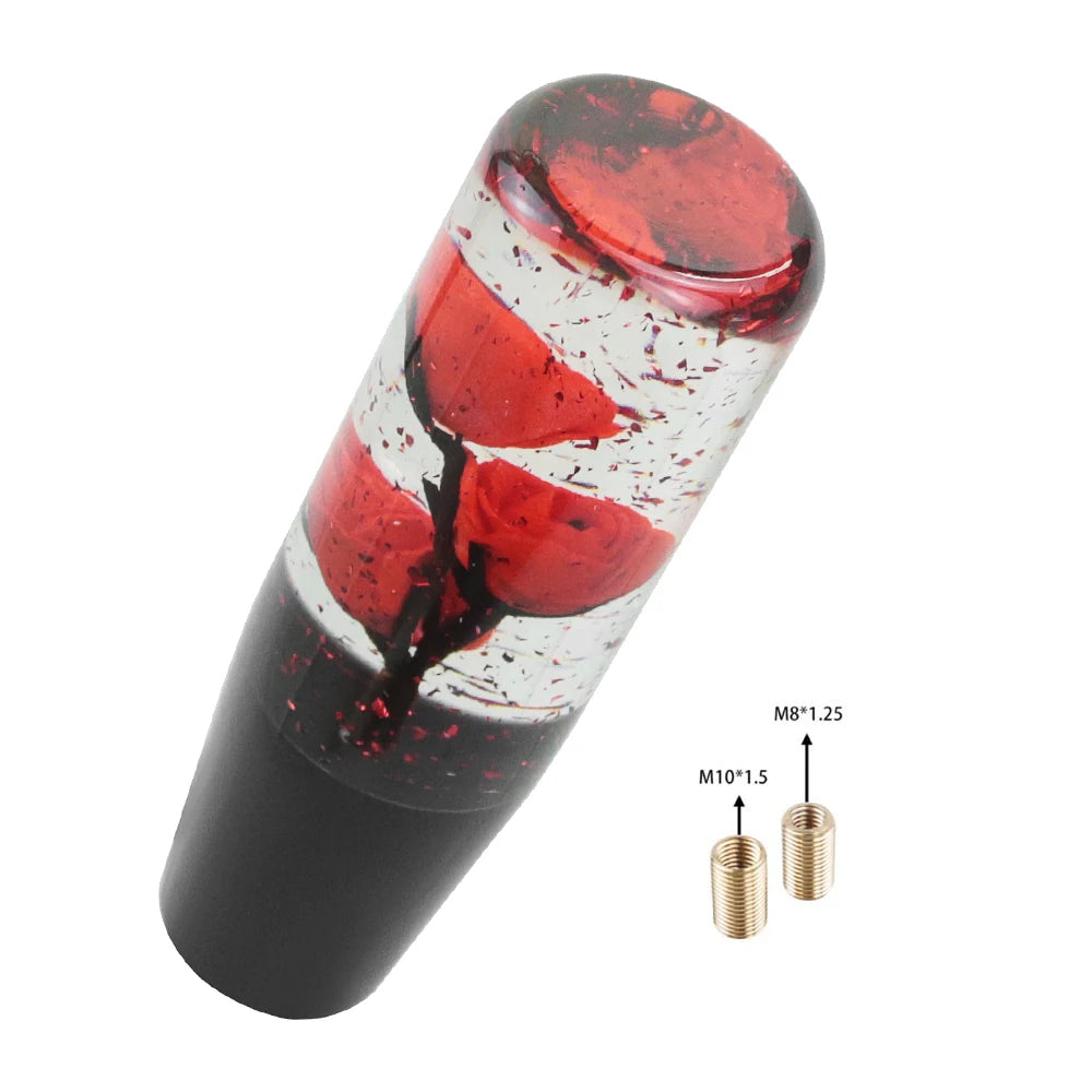 Universal resin shift knob for vehicles with red, white and black marbled design; includes two adapters
