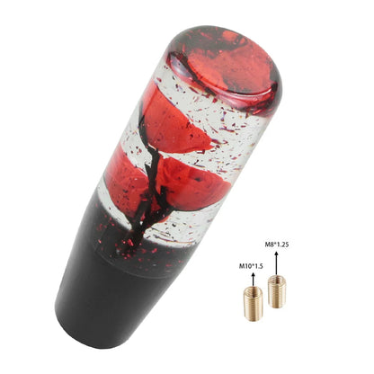 Universal resin shift knob for vehicles with red, white and black marbled design; includes two adapters