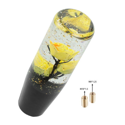 Universal resin shift knob from ViralGalleria.com with yellow flower design for vehicles; includes M8/M10 adapters.
