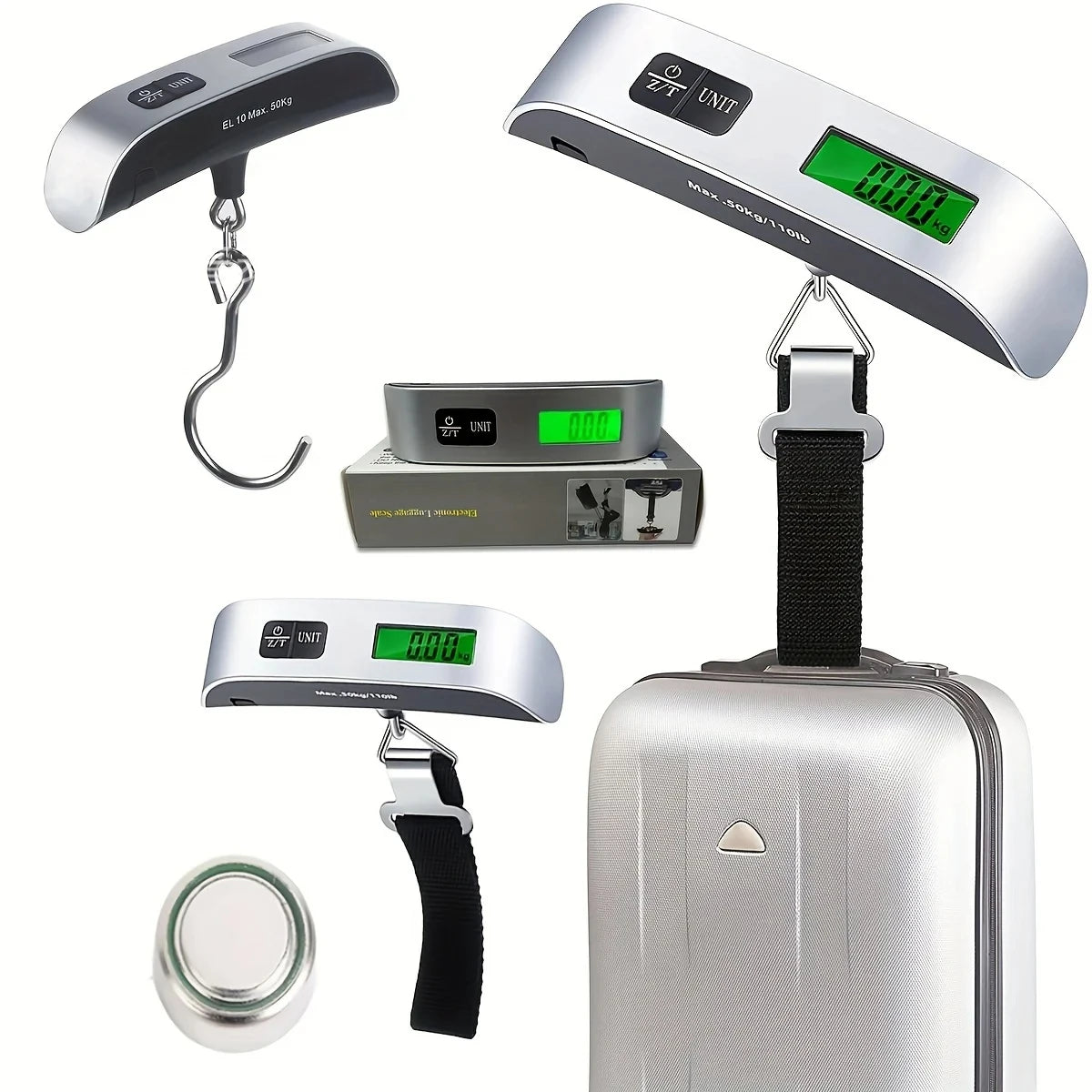 Portable digital luggage scale by ViralGalleria.com; silver body, green LCD, hook and strap (3 scales shown)