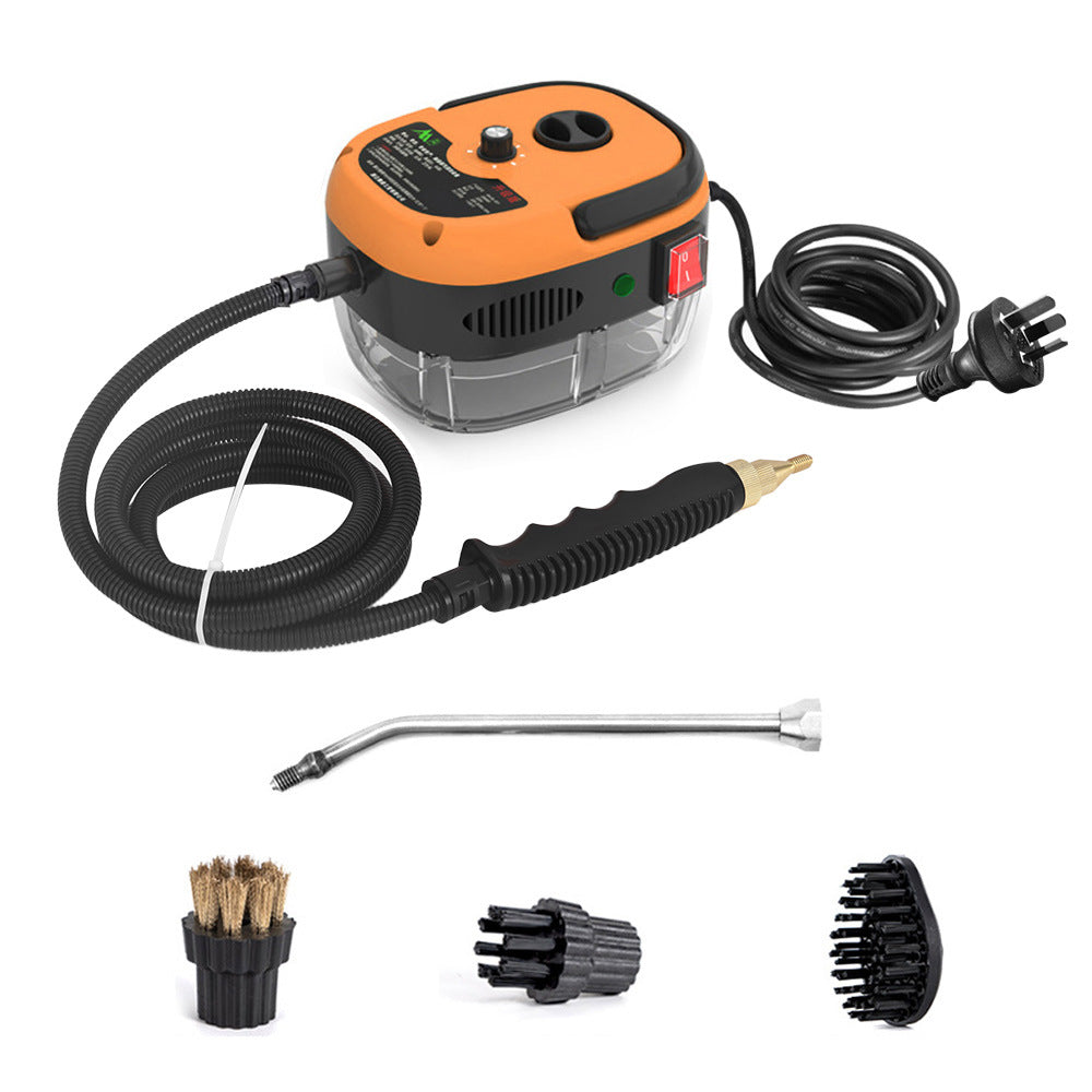 2500W High Pressure Steam Cleaner by ViralGalleria.com with orange/black body, hose, wand, and three brush attachments.