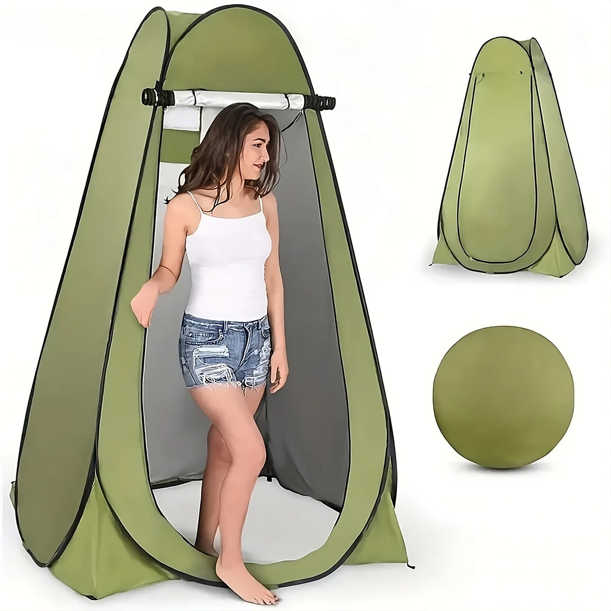 Pop-Up Privacy Tent, green fabric privacy enclosure by ViralGalleria.com with a person entering.
