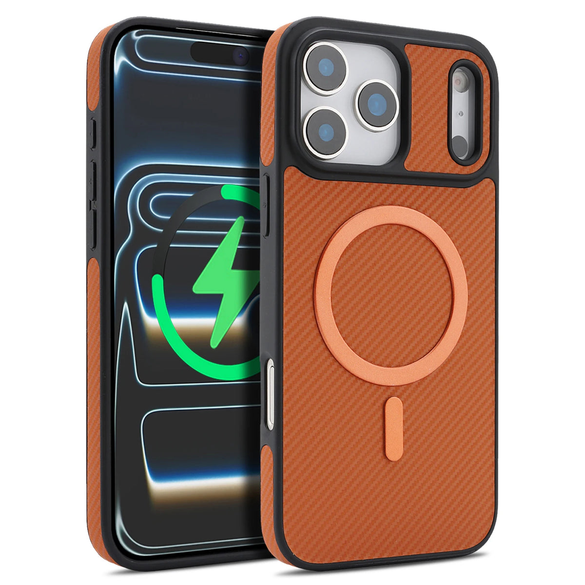 Carbon fiber iPhone case by ViralGalleria.com with orange textured back and built-in ring stand