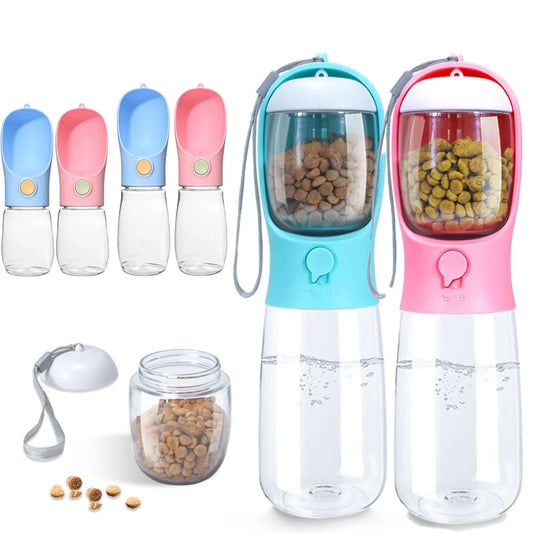 Botella de agua portátil para perros con recipiente para comida