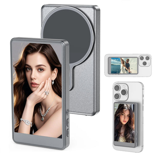 Vlog Selfie Monitor Screen for iPhone by ViralGalleria.com, silver-gray mobile camera accessory with phones