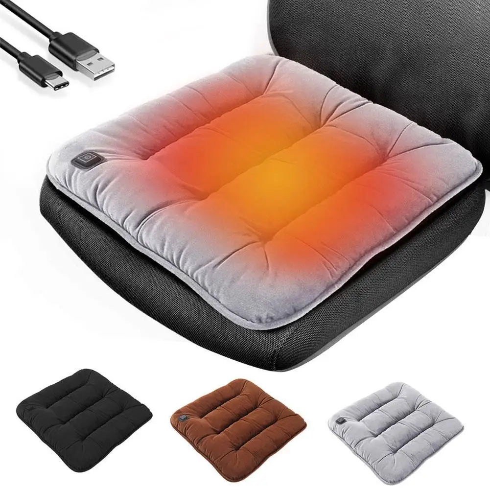 Car heated seat cushion by ViralGalleria.com, gray fabric with USB power; shown in black, brown, gray, and light gray