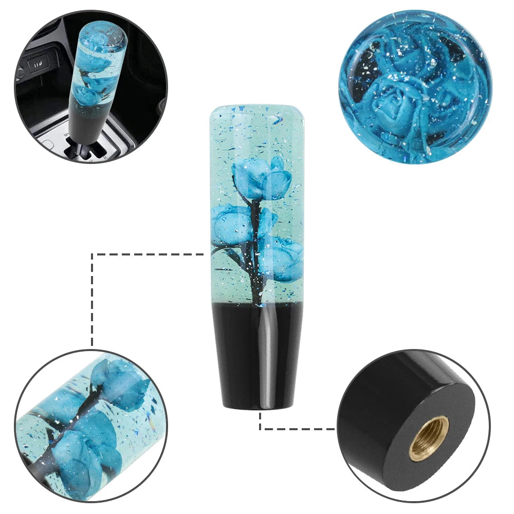 Universal Resin Shift Knob by ViralGalleria.com; blue floral resin with black lower handle and threaded insert.