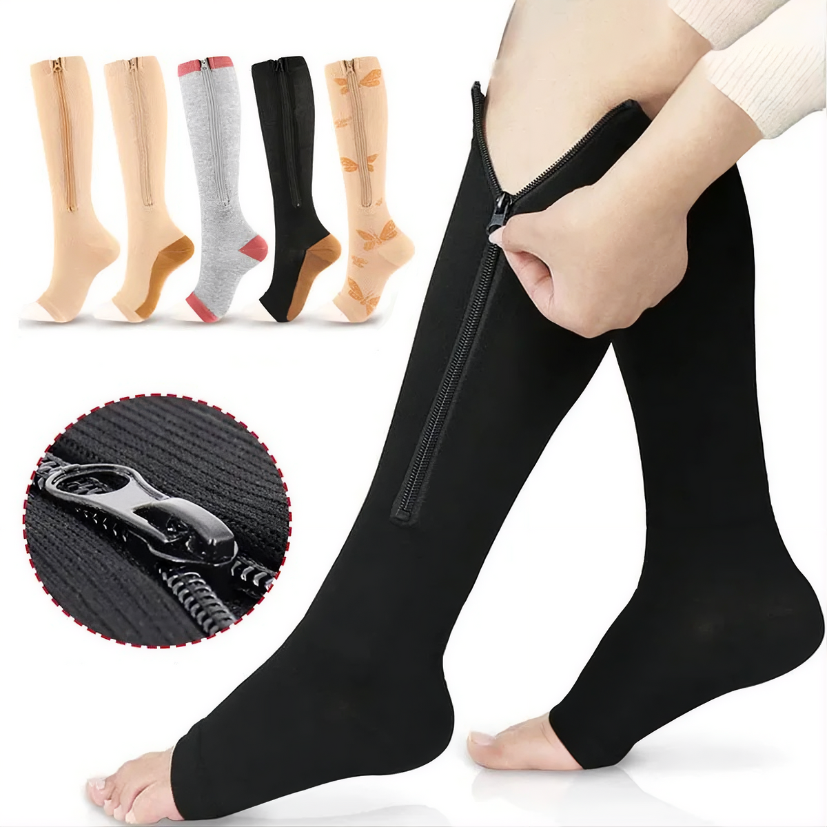 Five knee-high zippered compression socks in assorted colors, shown with close-up zipper detail.