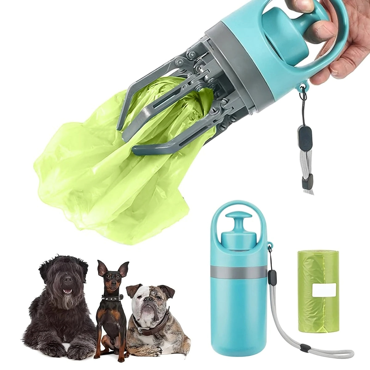 Portable turquoise dog poop scooper with attached lime-green waste bag dispenser.