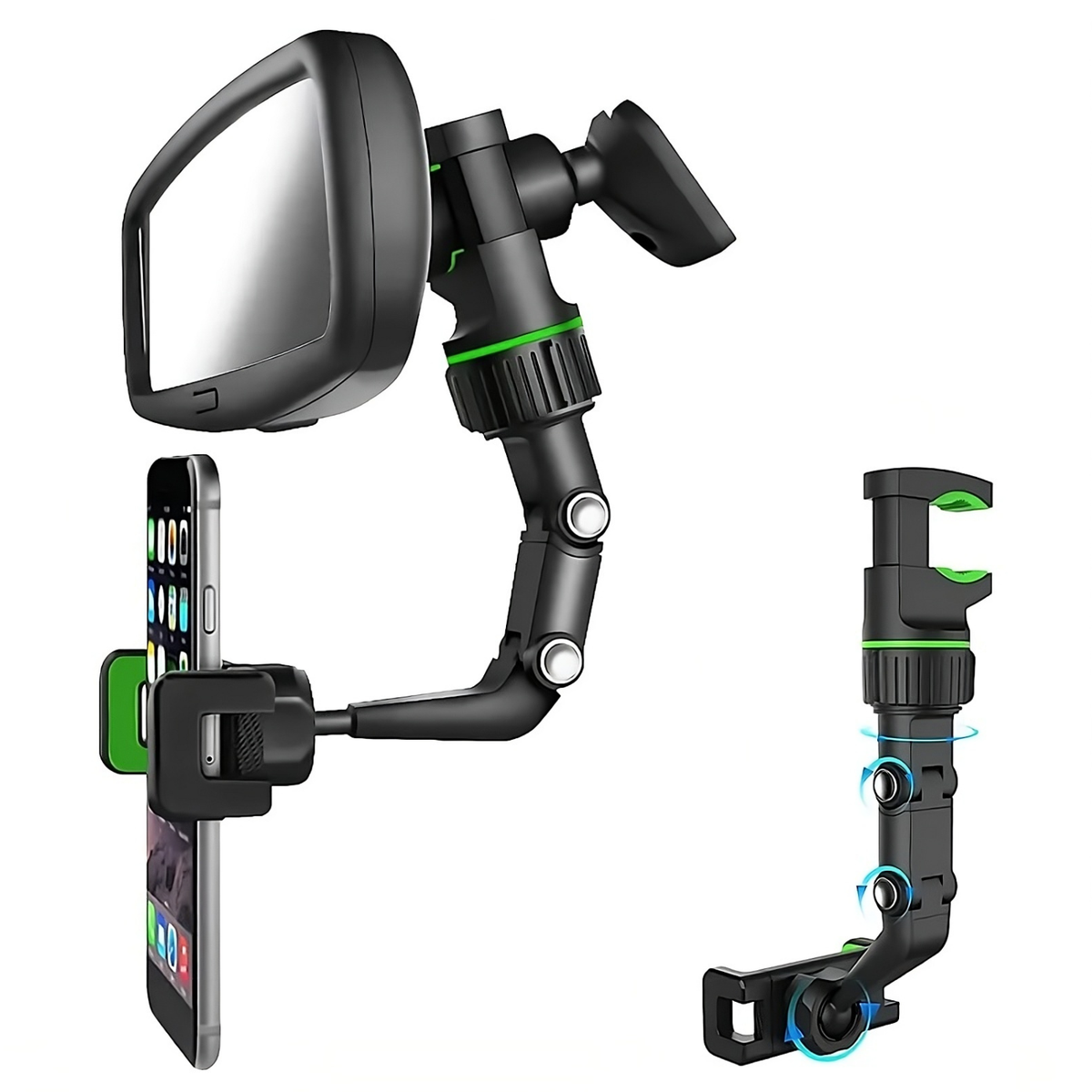 Multifunctional rearview mirror phone holder by ViralGalleria.com, black with green accents