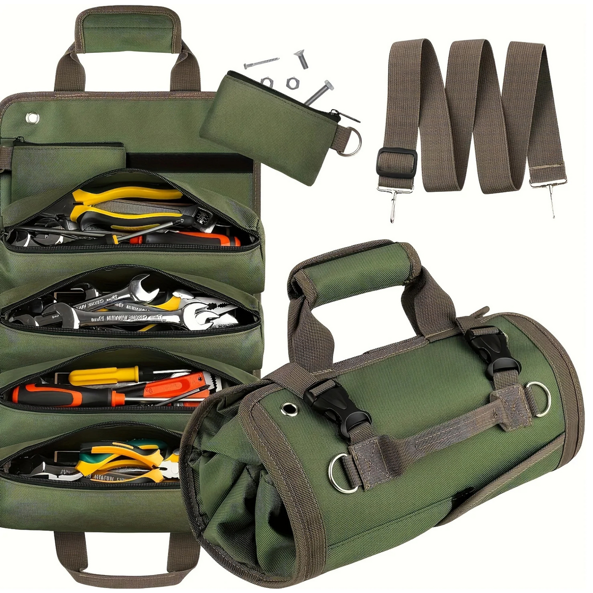 Heavy-Duty Roll-Up Tool Bag by ViralGalleria.com in olive green with brown straps and tool-filled pockets.