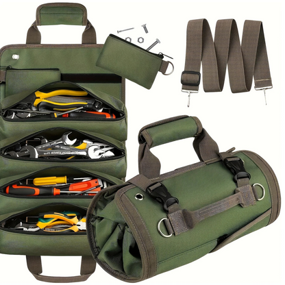Heavy-Duty Roll-Up Tool Bag by ViralGalleria.com in olive green with brown straps and tool-filled pockets.