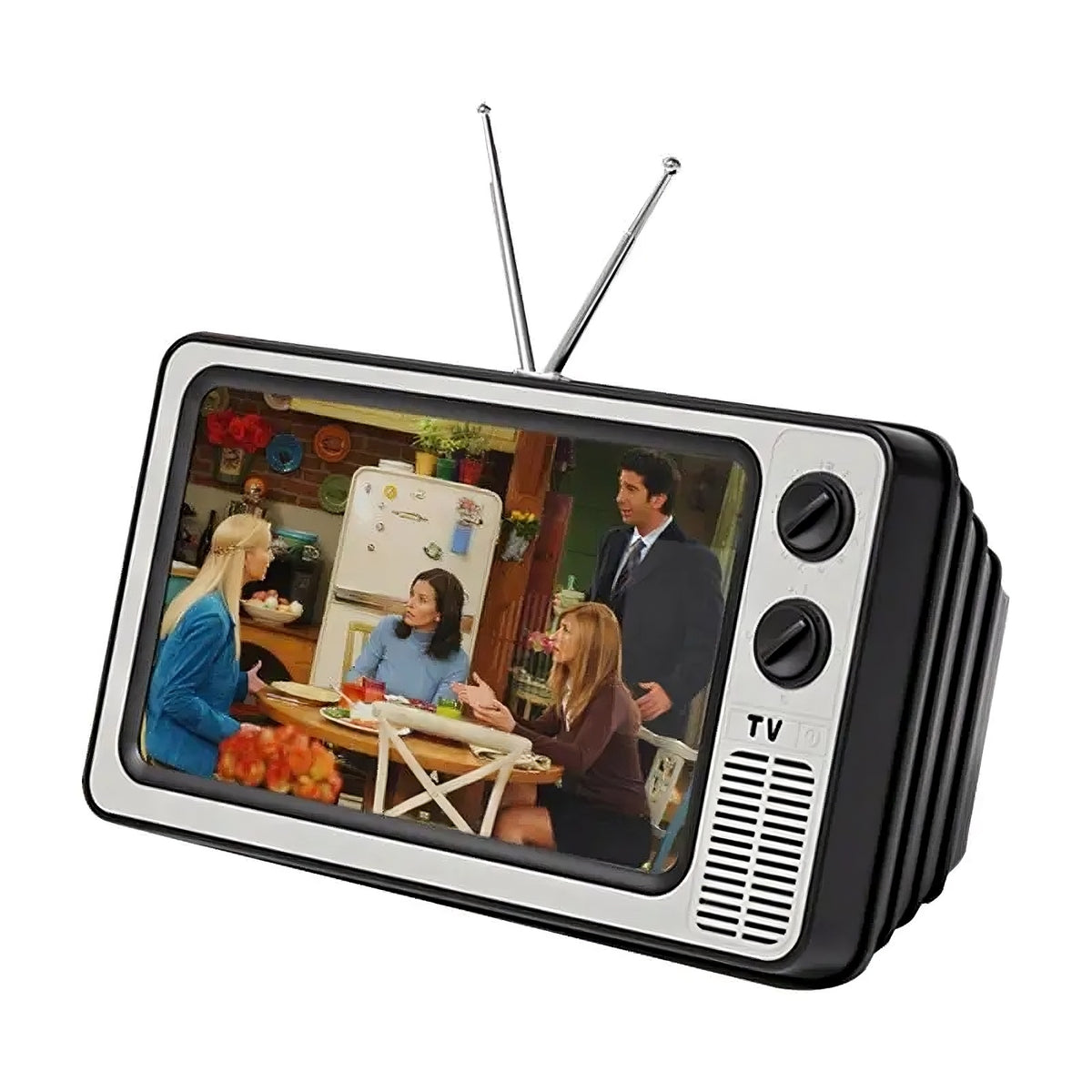 Screen magnifier for phones by ViralGalleria.com, black retro TV-style magnifier with metal antenna.