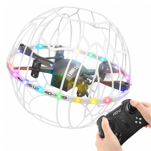 Intelligent Obstacle Avoidance RC Drone ViralGalleria.com in a white spherical cage with multicolor LEDs and remote control