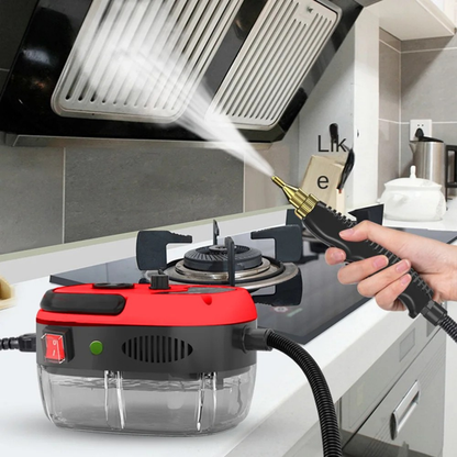 2500W High Pressure Steam Cleaner; red and black housing with clear reservoir and brass nozzle for kitchen cleaning.