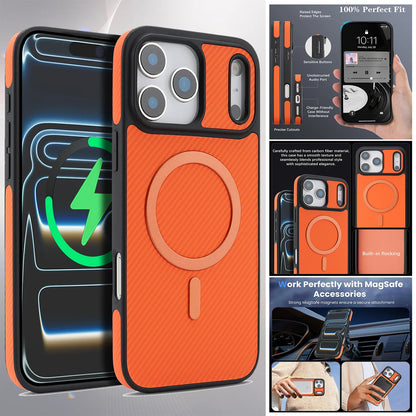 Carbon Fiber Case for iPhone in orange with black bumper and camera cutout