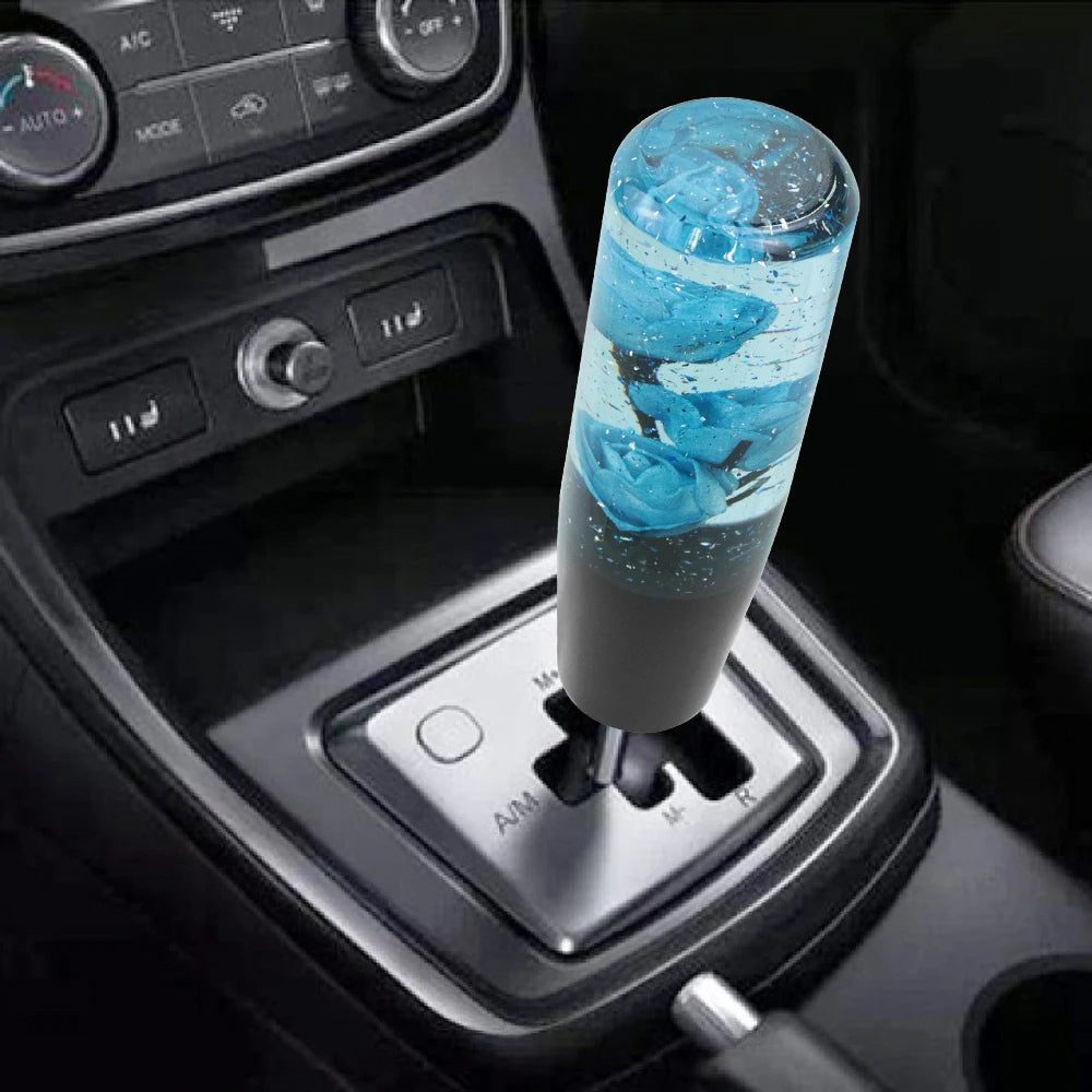 Universal Resin Shift Knob featuring blue rose resin artwork, mounted on car gear shifter.