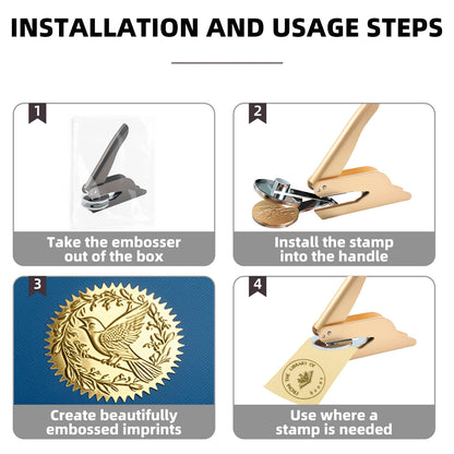 Custom Embosser for Books by ViralGalleria.com; gold-tone handle embossing tool with step-by-step usage panels.