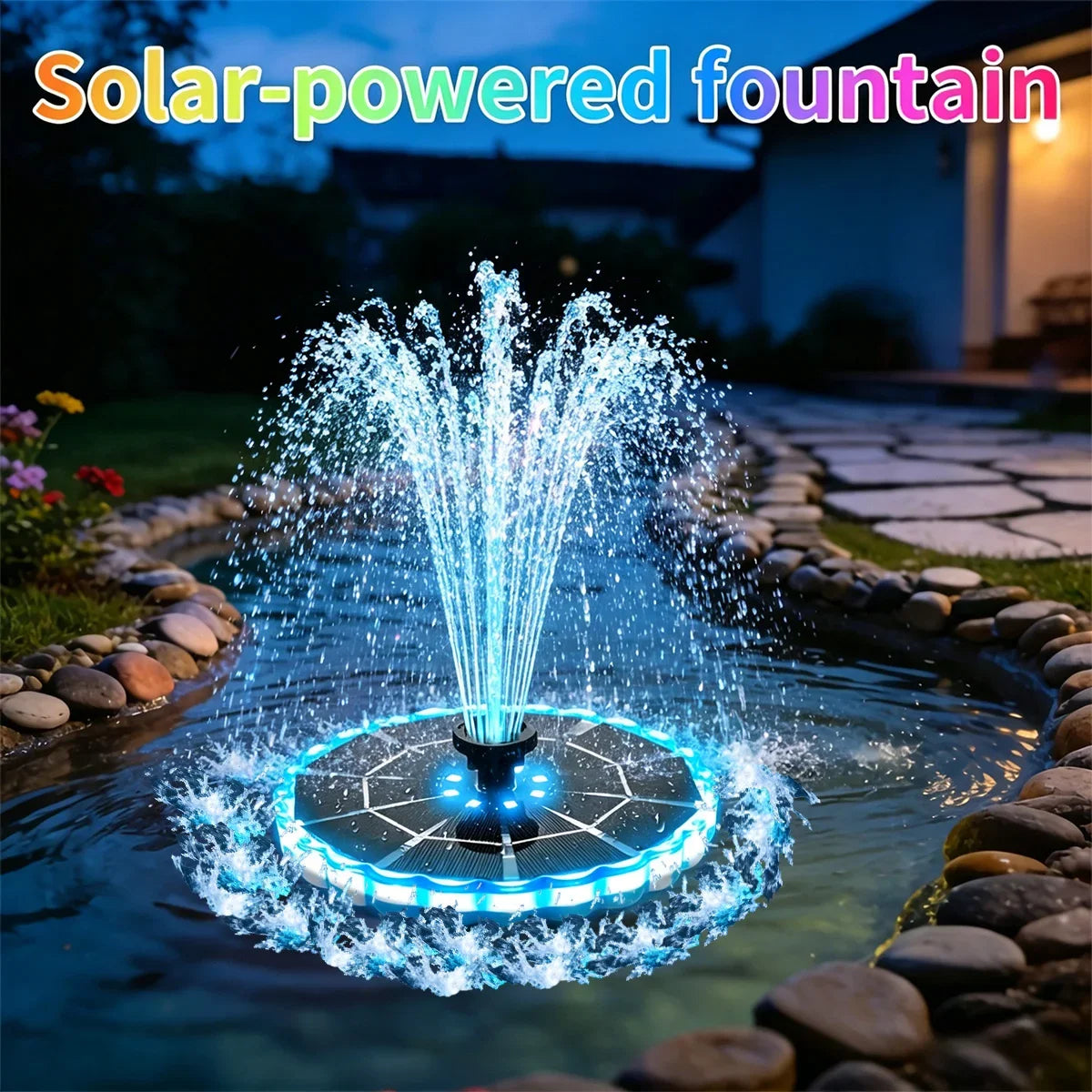 Outdoor Solar Fountain for Garden with blue LED ring and water sprays in a stone-lined pond.