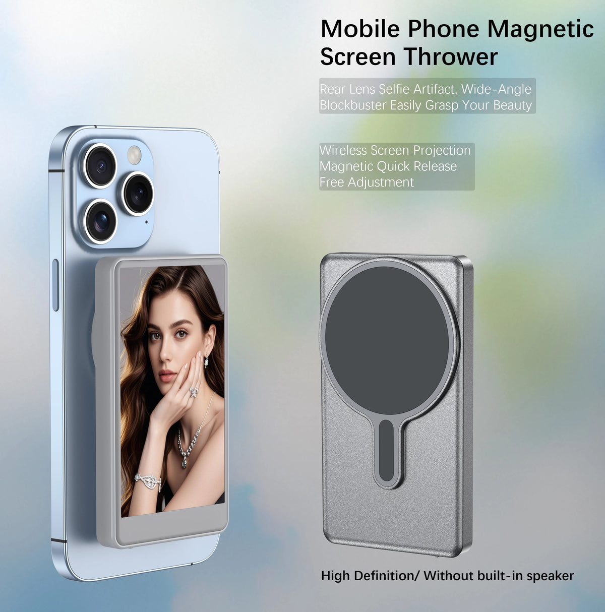 ViralGalleria Vlog Selfie Monitor Screen for iPhone; two devices shown, silver monitor accessory with blue iPhone