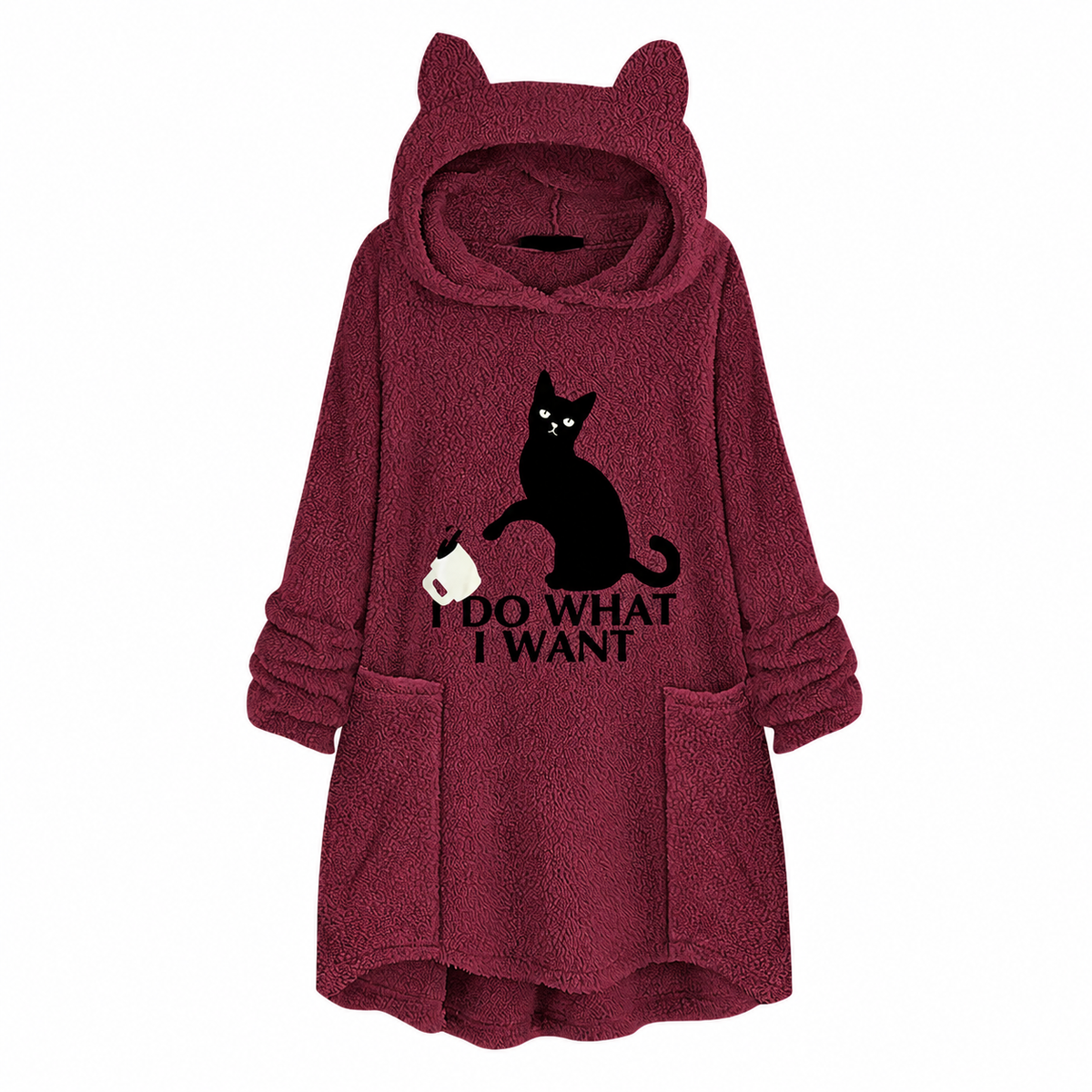 Cat Print Longline Fleece Hoodie