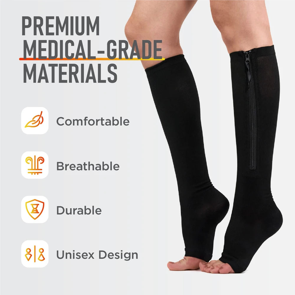 Zipper Compression Socks, black knee-high with side zipper, unisex by ViralGalleria.com