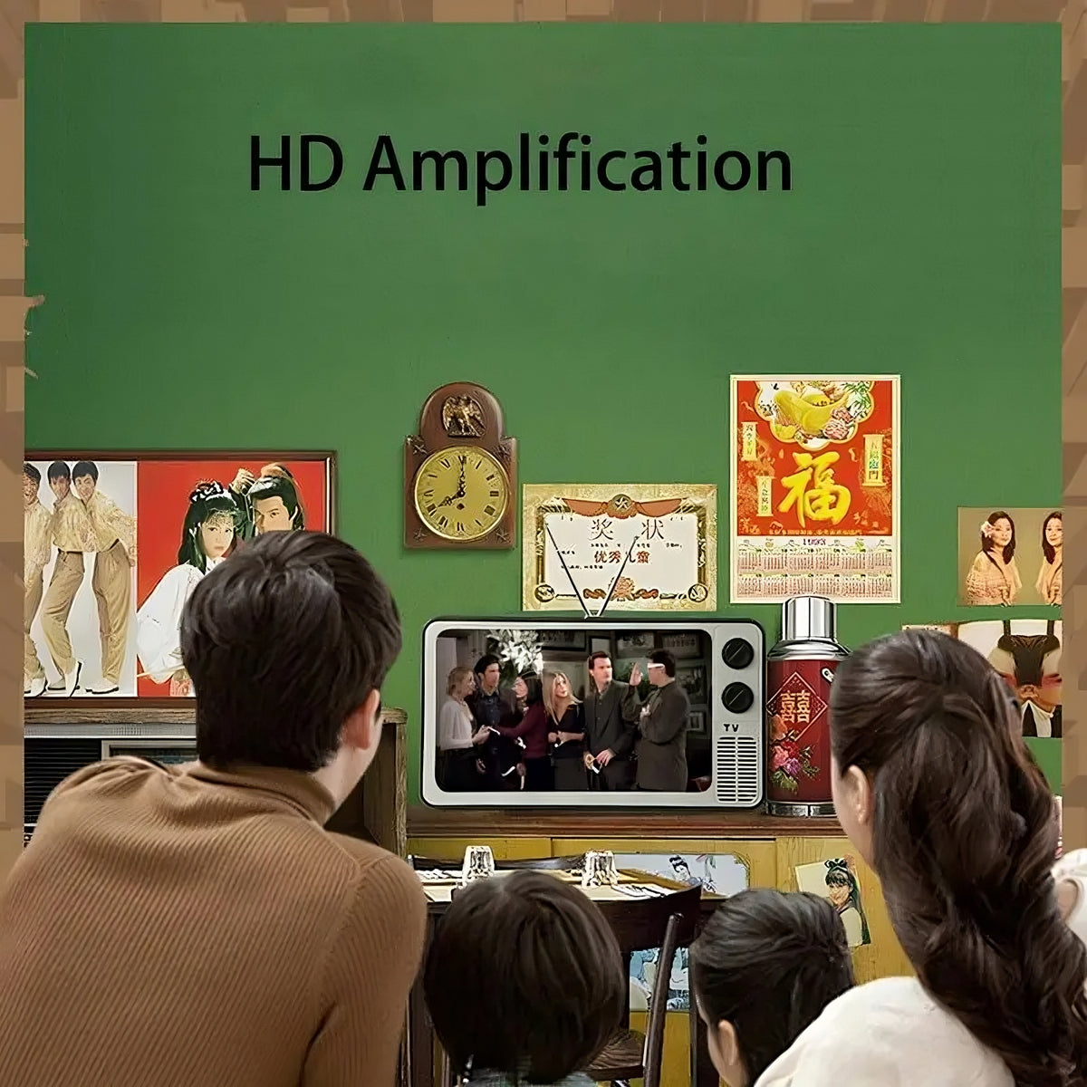 Screen Magnifier for Phones with retro TV frame on a green wall backdrop