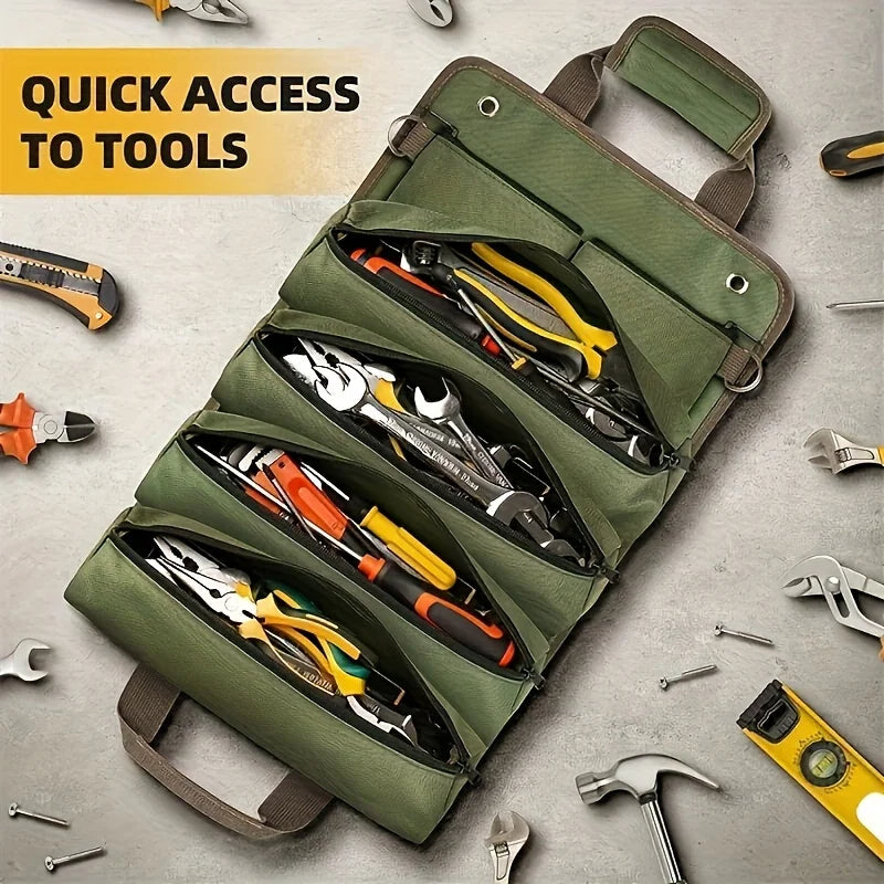 Heavy-Duty Roll-Up Tool Bag in green with multiple zip pockets holding pliers, wrenches and screwdrivers