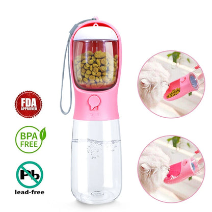 Botella de agua portátil para perros con recipiente para comida