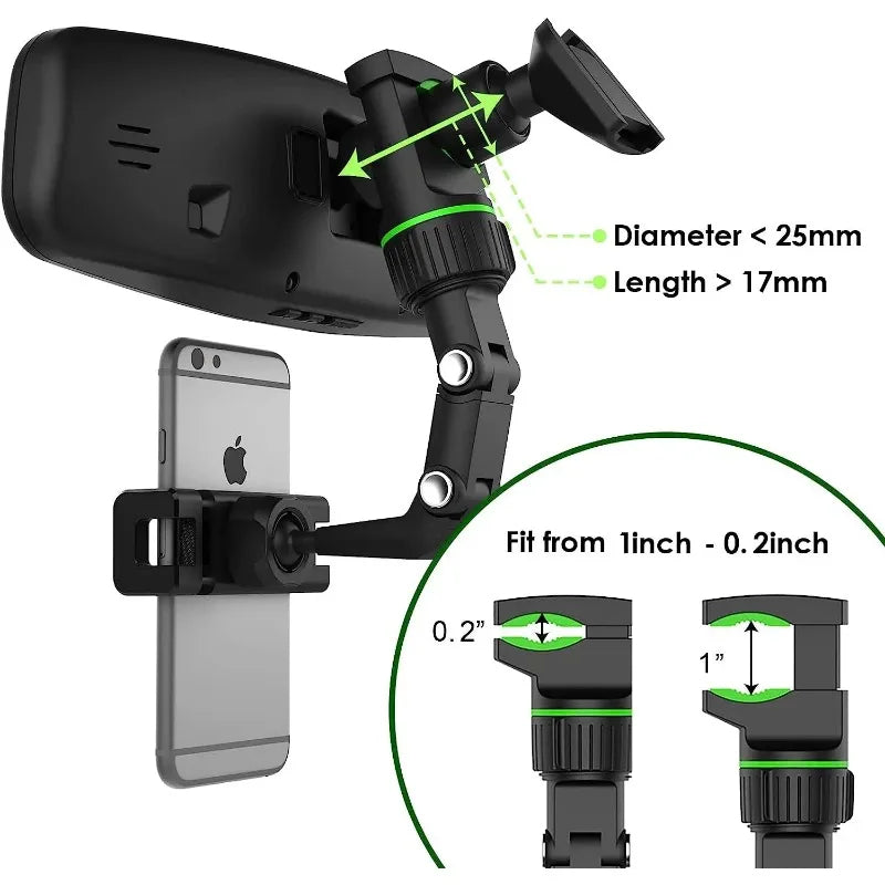 Multifunctional Rearview Mirror Phone Holder by ViralGalleria.com; adjustable black car mount