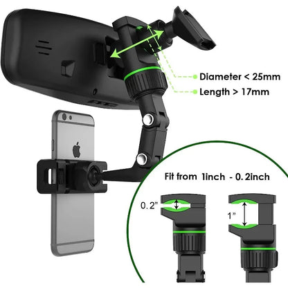 Multifunctional Rearview Mirror Phone Holder by ViralGalleria.com; adjustable black car mount