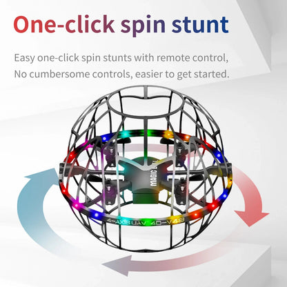 Intelligent Obstacle Avoidance RC Drone with rainbow LED ring on a spherical cage.