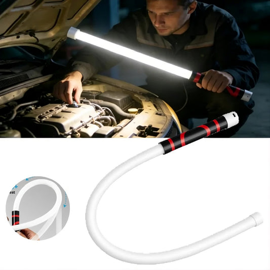 Person using a flexible LED light to inspect a car engine with close-up of the light tool.