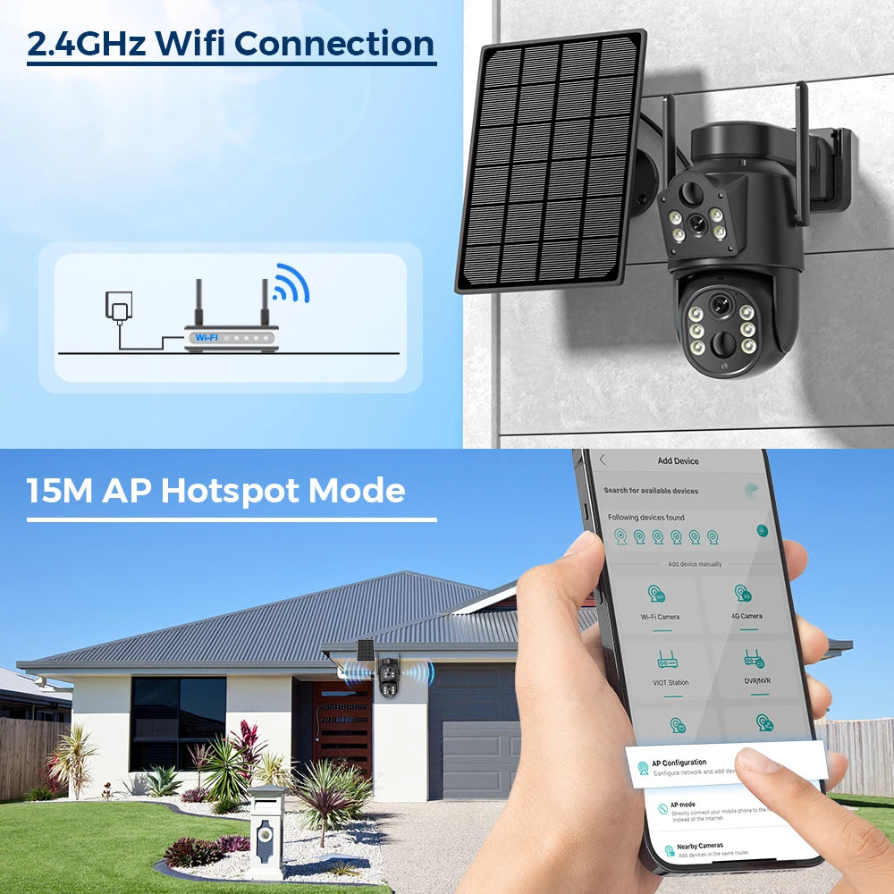 Cámara Solar de Doble Lente 4K WiFi para Exteriores