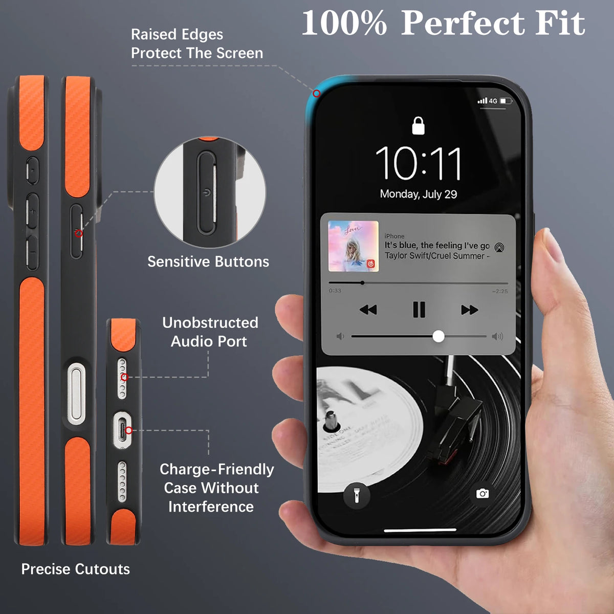 Carbon Fiber Case for iPhone with orange accents, raised edges, and precise cutouts