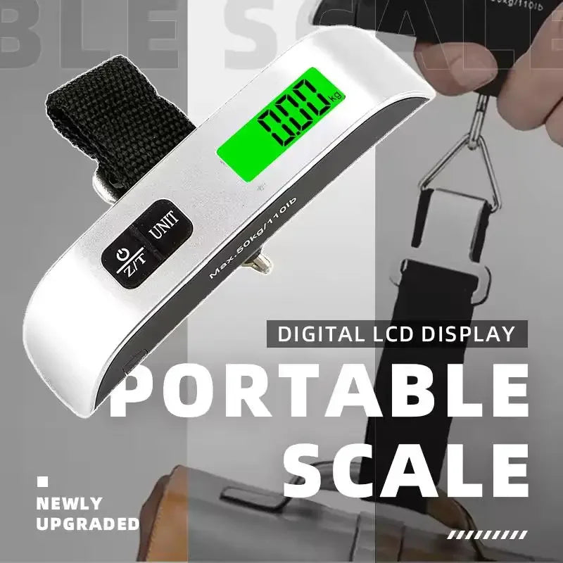 Portable digital scale with white and silver body, hanging strap, and bright green backlit LCD display.