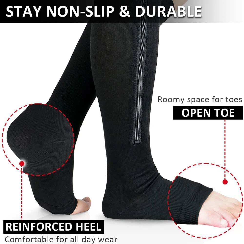 Black knee-high zipper compression socks with open toe and reinforced heel by ViralGalleria.com