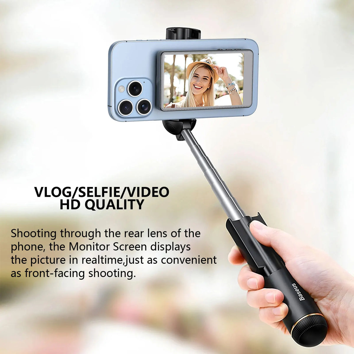 Vlog Selfie Monitor Screen for iPhone, blue frame with rear-view display on a Baseus selfie stick